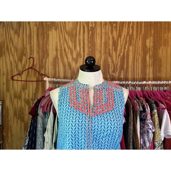 J Crew Blue Aztec Neon Orange Embroidered Tassel Sleeveless Top Sz 0 Boho - Picture 3 of 10